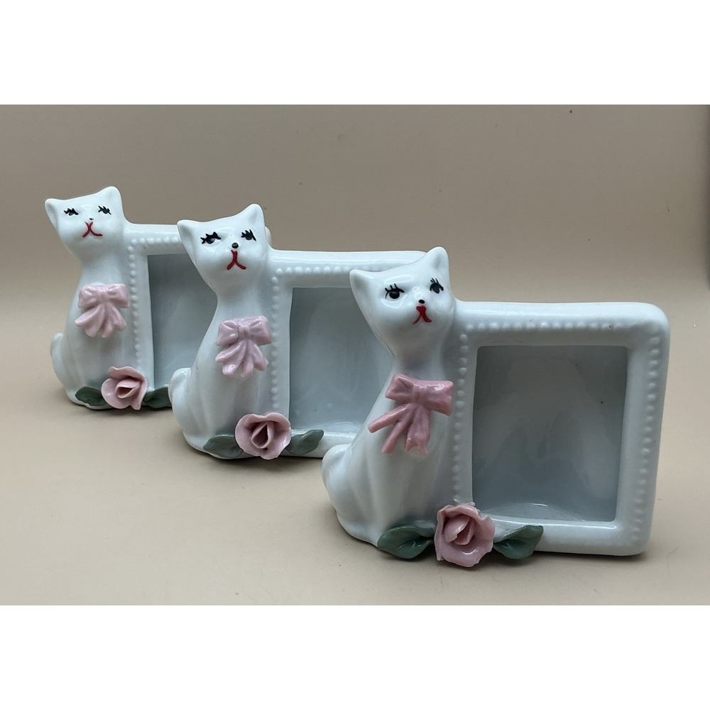 Vtg Porcelain Cat‎ Mini Photo Frames Lot of 3 Pink Rose Bows Baby Shower Decor